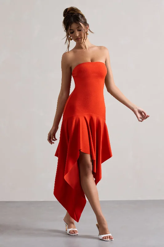 ladies-maxi-dress-backless-bliss-Catalina | Orange Bandeau Maxi Dress With Draped Hem