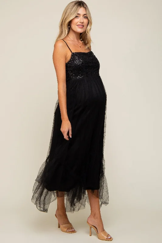 ladies-midi-dress-romantic-rush-Black Sequin Top Tulle Maternity Midi Dress