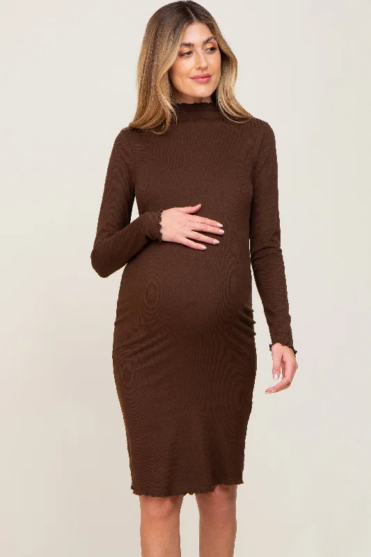 ladies-midi-dress-tiktok-treasure-Brown Ribbed Mock Neck Lettuce Trim Maternity Midi Dress