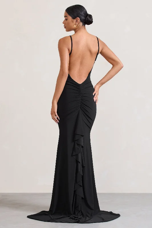 ladies-maxi-dress-high-waist-hush-Naya | Black Strappy V-Neck Fishtail Maxi Dress