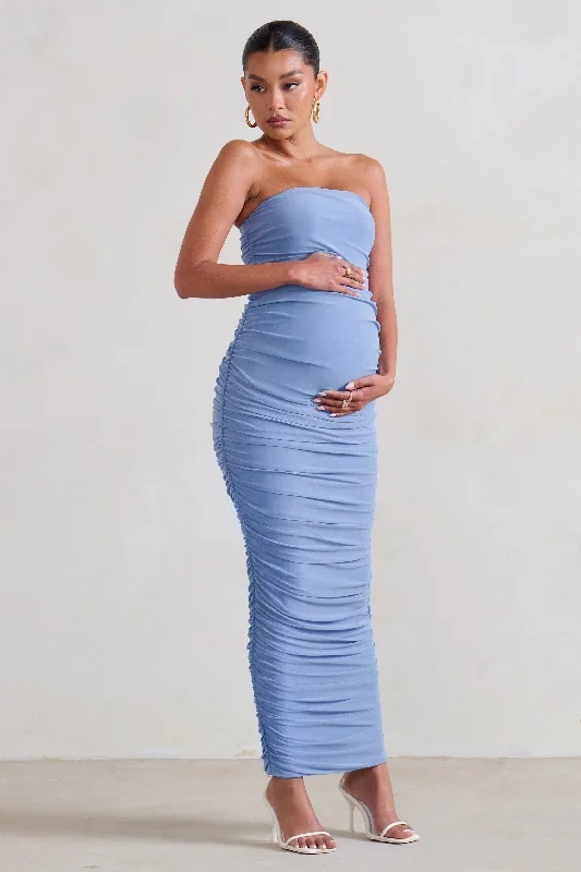 Women's bodycon dress tall glow -My Lady | Maternity Powder Blue Strapless Bodycon Ruched Mesh Maxi Dress