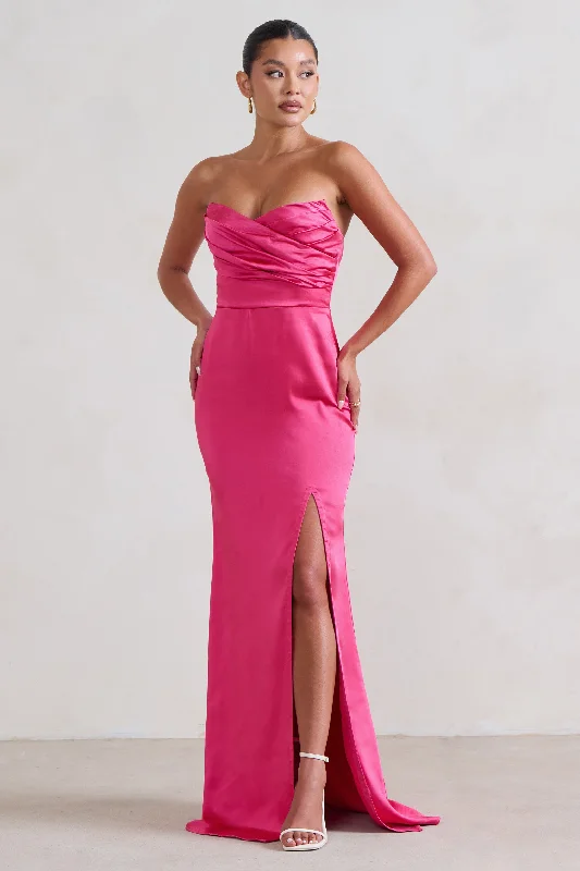 ladies-maxi-dress-green-gleam-Coraline | Hot Pink Strapless Maxi Dress With Split