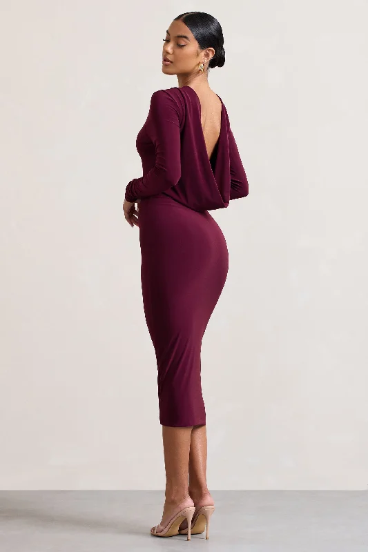 Women's bodycon dress bloom pop -Dynasty Darling | Burgundy Cowl-Back Long-Sleeved Bodycon Midi Dress