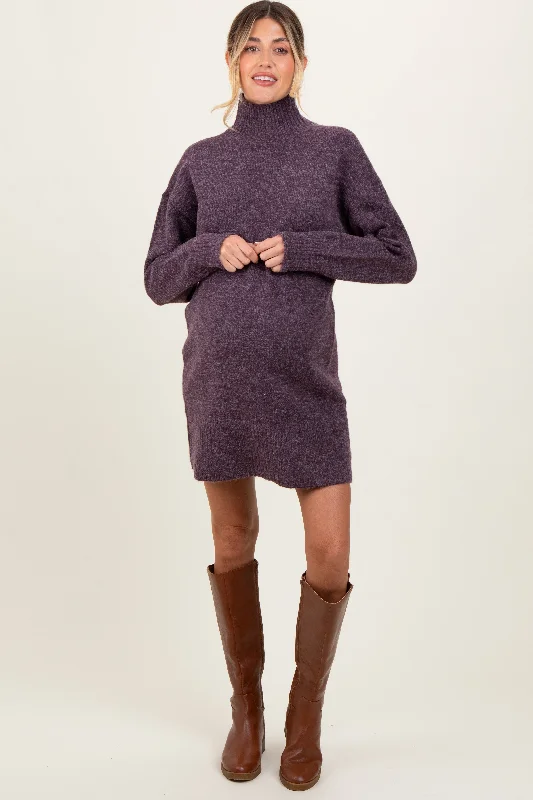 Women's mini dress fold glow -Purple Chunky Knit Turtleneck Maternity Mini Sweater Dress