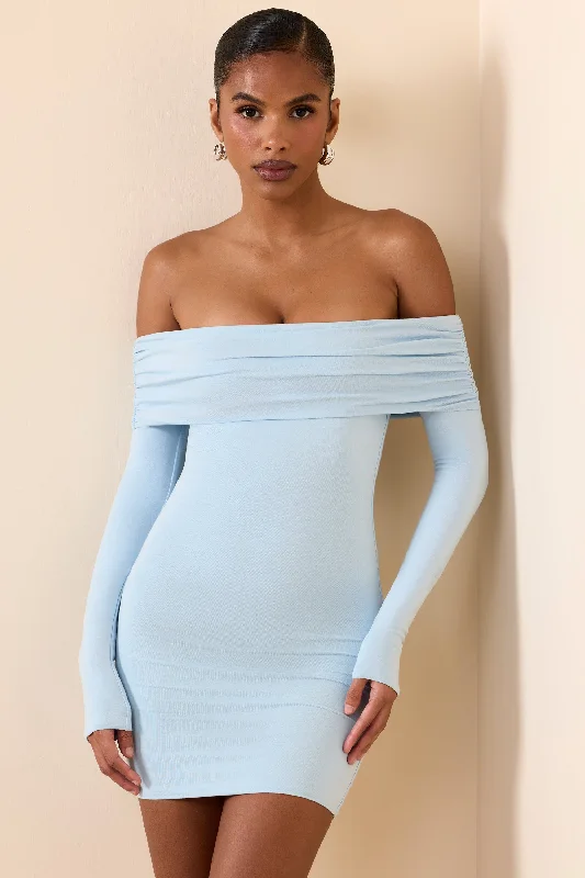 Women's mini dress shift chic -Modal Off-Shoulder Mini Dress in Ice Blue