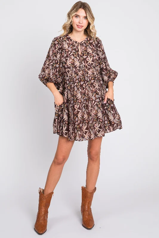 ladies-floral-dress-vivid-vine-Brown Floral 3/4 Sleeve Dress