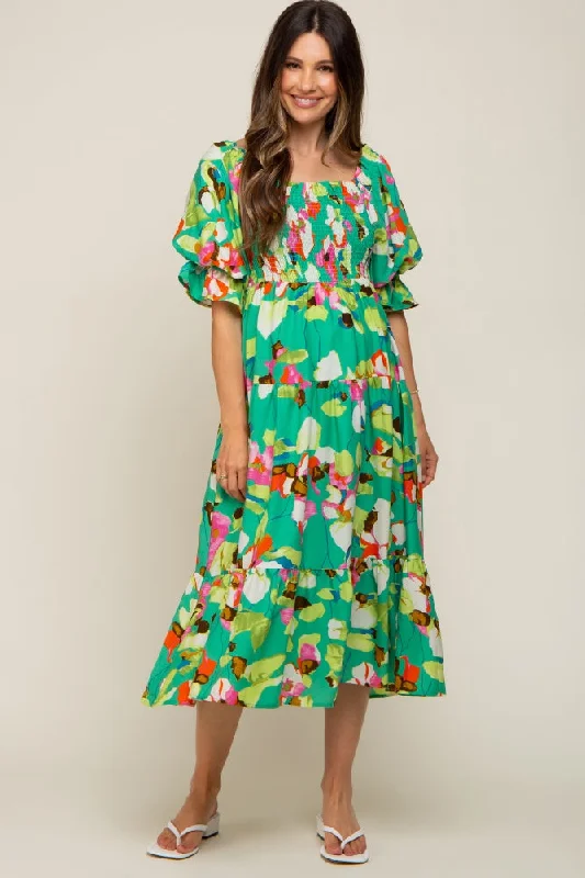 ladies-midi-dress-belted-bliss-Green Floral Puff Sleeve Maternity Midi Dress