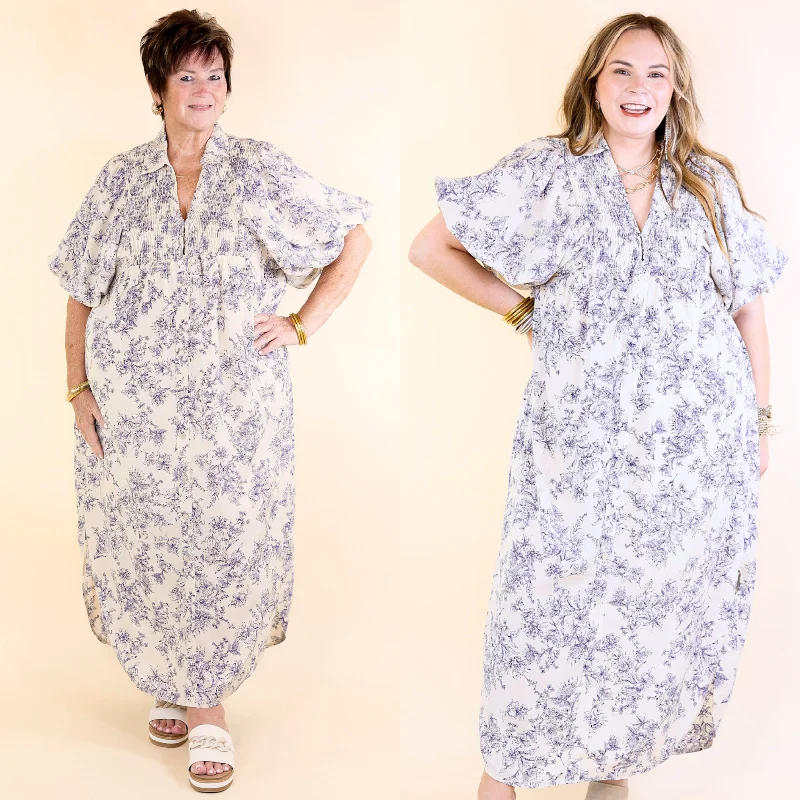 ladies-floral-dress-60s-gerbera-Timeless Blossom Floral Print Button Up Dress in Cream and Blue