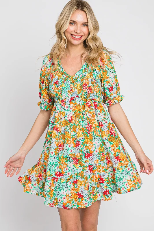 ladies-floral-dress-bold-bloom-Green Floral Smocked Puff Sleeve Dress