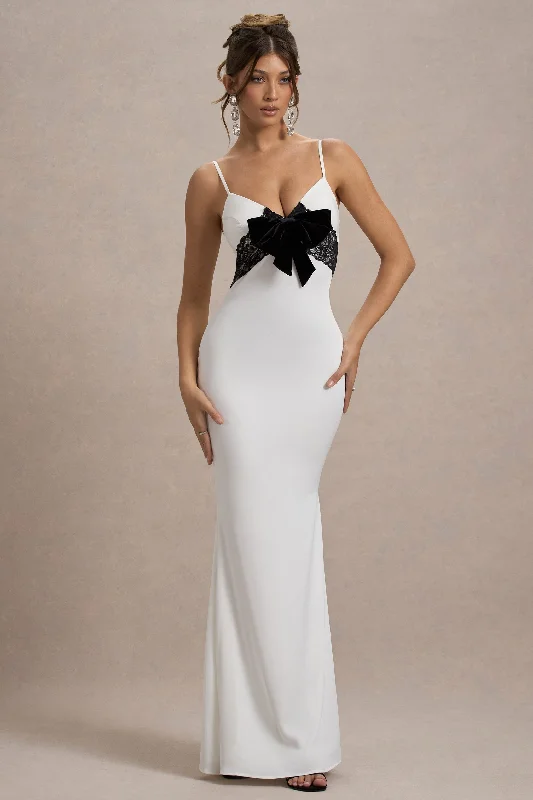 ladies-maxi-dress-office-opulence-Rumi | White Satin Strappy Maxi Dress With Velvet Bow