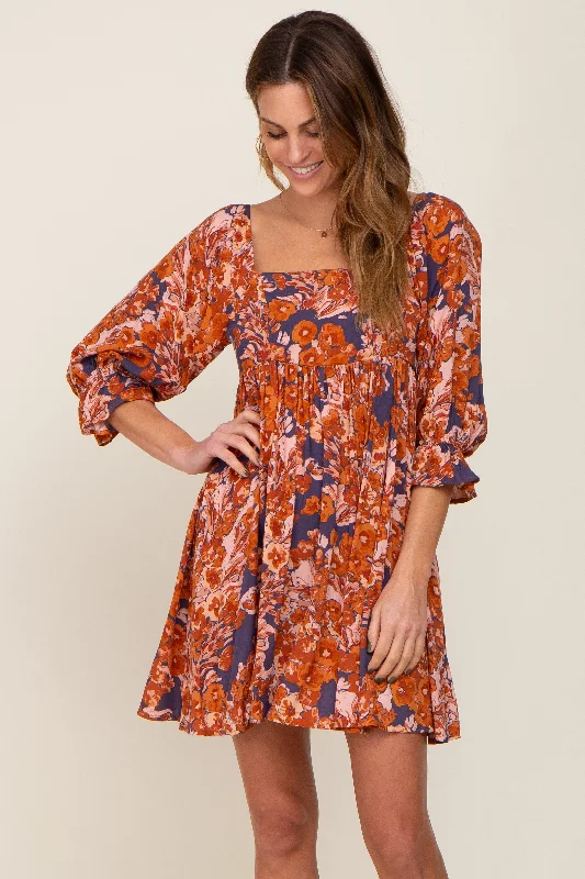 Women's mini dress reef flair -Navy Rust Floral Puff Sleeve Mini Dress