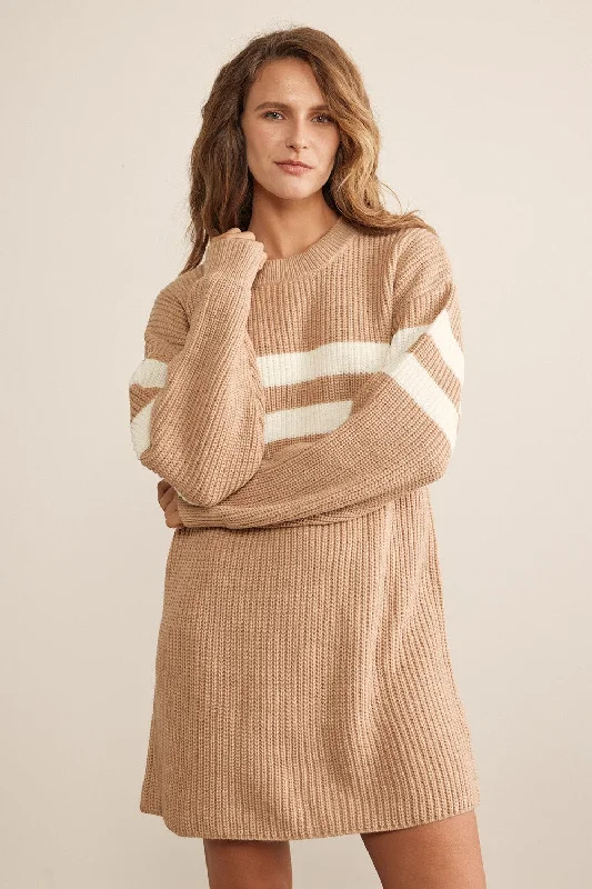 Women's mini dress neat flair -Beige Relaxed Fit Striped Mini Sweater Dress