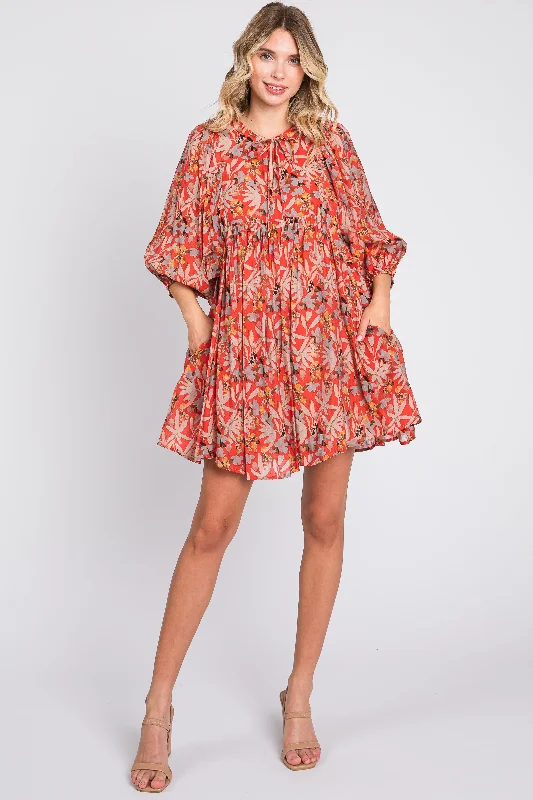 ladies-floral-dress-soft-sheen-Orange Floral 3/4 Sleeve Dress