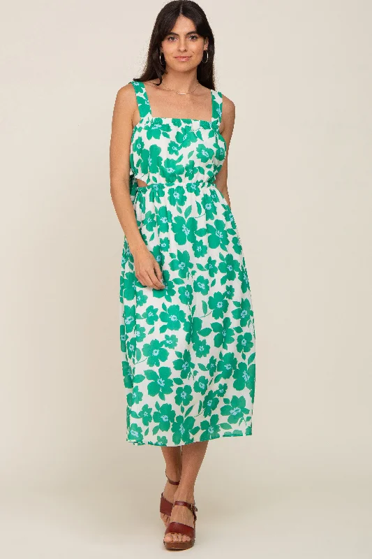 ladies-midi-dress-opal-orchid-Green Floral Linen Square Neck Open Back Midi Dress