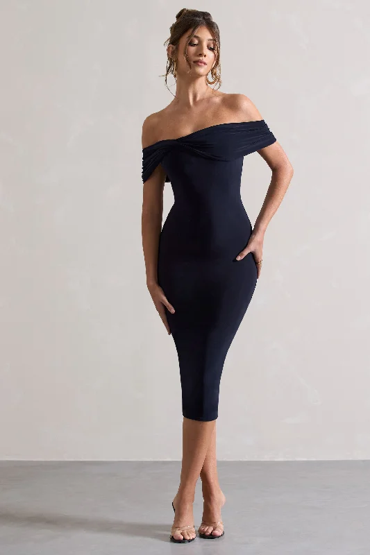 Women's bodycon dress art chic -Keely | Navy Bodycon Twisted Bardot Midi Dress