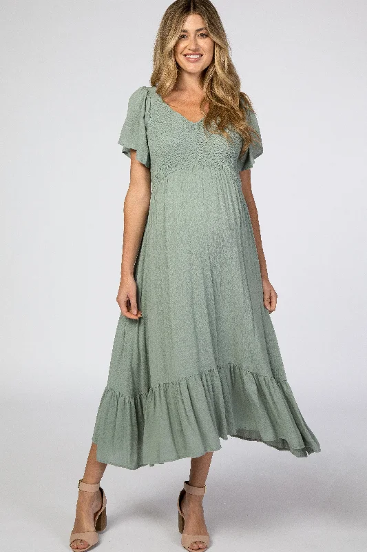 ladies-midi-dress-picnic-poem-Light Olive Smocked V-Neck Maternity Midi Dress