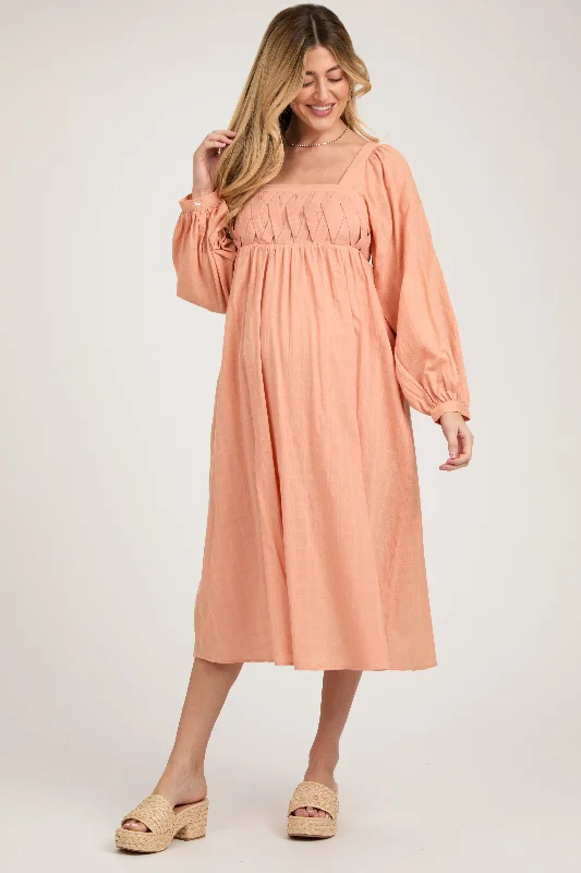 ladies-midi-dress-day-to-dusk-Peach Criss Cross Front Square Neck Long Sleeve Maternity Midi Dress