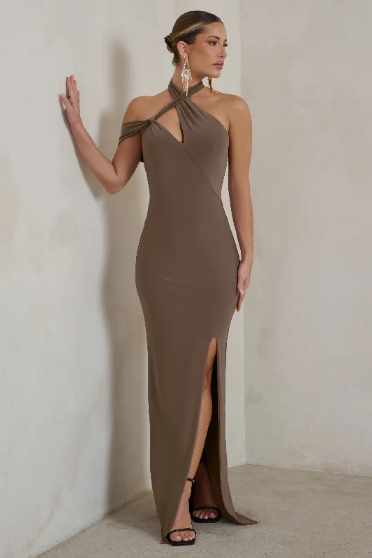 ladies-maxi-dress-comfortable-calm-Clementine | Mocha Asymmetric Neckline Maxi Dress With Thigh Split