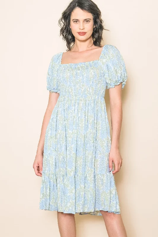 ladies-floral-dress-plus-size-poppy-Light Blue Floral Puff Sleeve Smocked Chest Dress