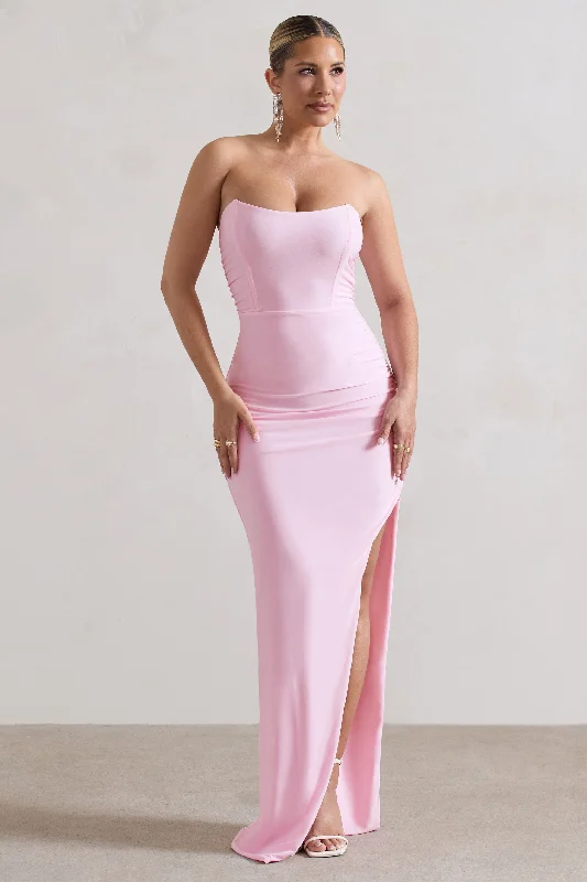 ladies-maxi-dress-sporty-sweep-Eletta | Pink Ruched Bandeau Asymmetric Maxi Dress