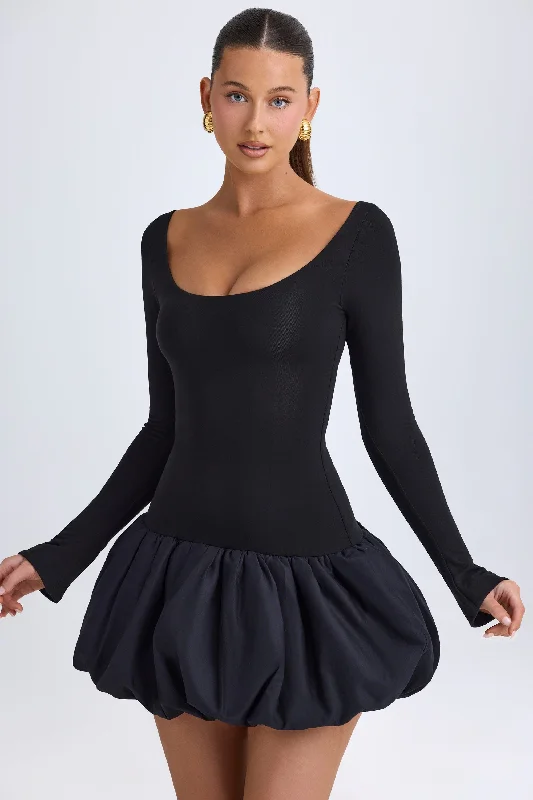 Women's mini dress warm pop -Scoop-Neck Drop-Waist Bubble Hem Mini Dress in Black