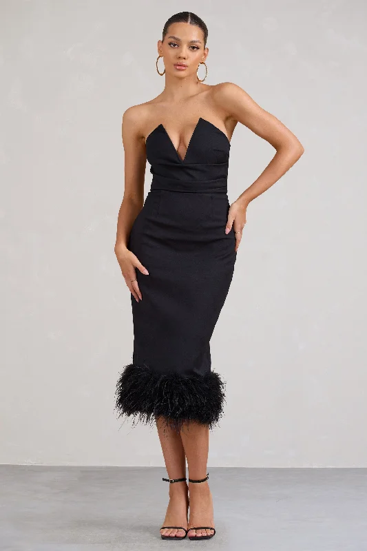 Women's bodycon dress mute flair -Kensington | Black Bodycon Midi Dress With Statement Feather Trim