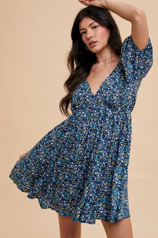 ladies-floral-dress-seafoam-serenity-Navy Blue Floral V-Neck Cutout Back Dress