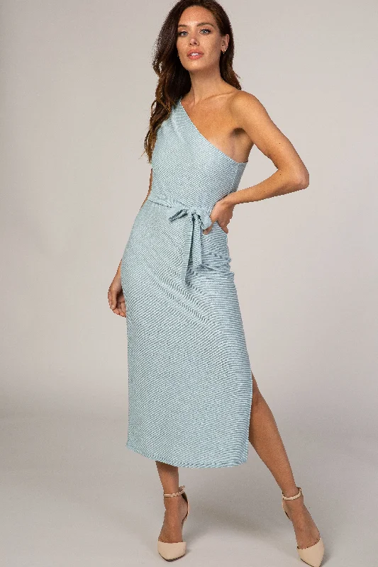 ladies-midi-dress-fitted-flow-Light Blue One Shoulder Fitted Midi Dress