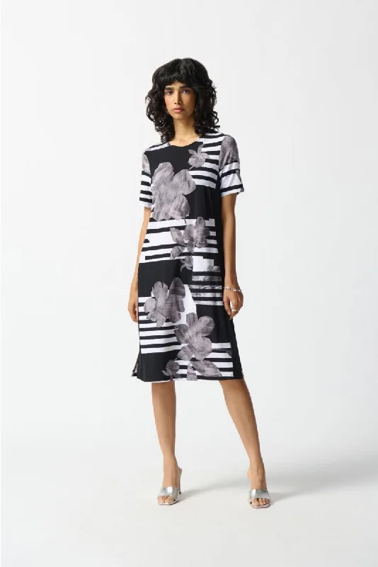 ladies-floral-dress-loose-luster-Joseph Ribkoff Vanilla/Black Floral Stripe Print Dress 242118