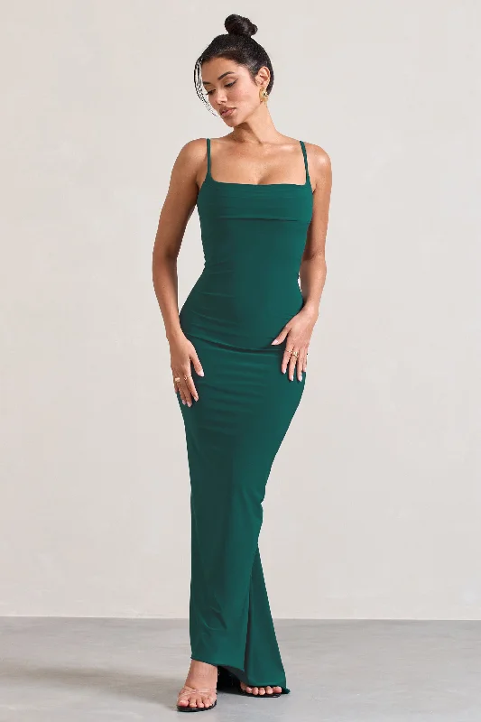 Women's bodycon dress bold chic -Camera One | Bottle Green Strappy Laced Bodycon Maxi Dress