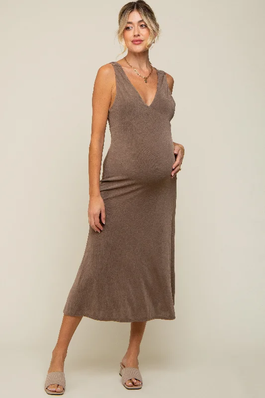 ladies-midi-dress-winter-warmth-Mocha A-Line Draped Back Maternity Midi Dress