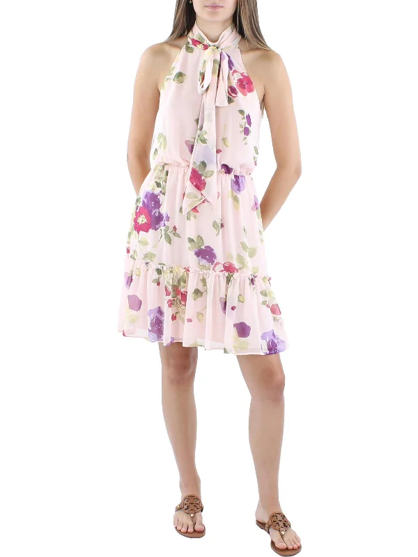 ladies-floral-dress-ruched-rose-Womens Floral Print Knee-Length Shift Dress