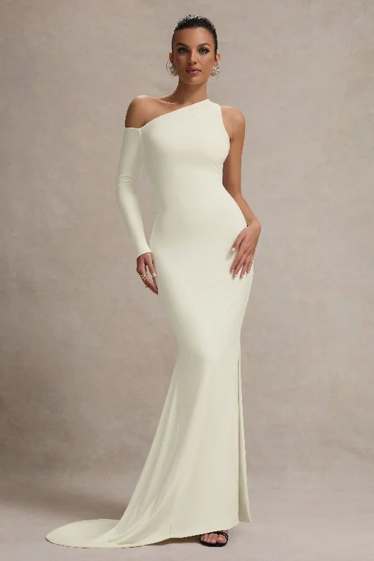 ladies-maxi-dress-velvet-vision-Contradiction | Cream One-Sleeve Asymmetric Maxi Dress