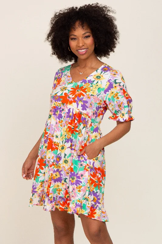 ladies-floral-dress-runway-ripple-Ivory Floral V-Neck Puff Sleeve Dress