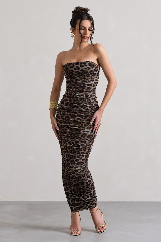 Women's bodycon dress link pop -My Lady | Leopard Print Strapless Bodycon Ruched Mesh Midi Dress