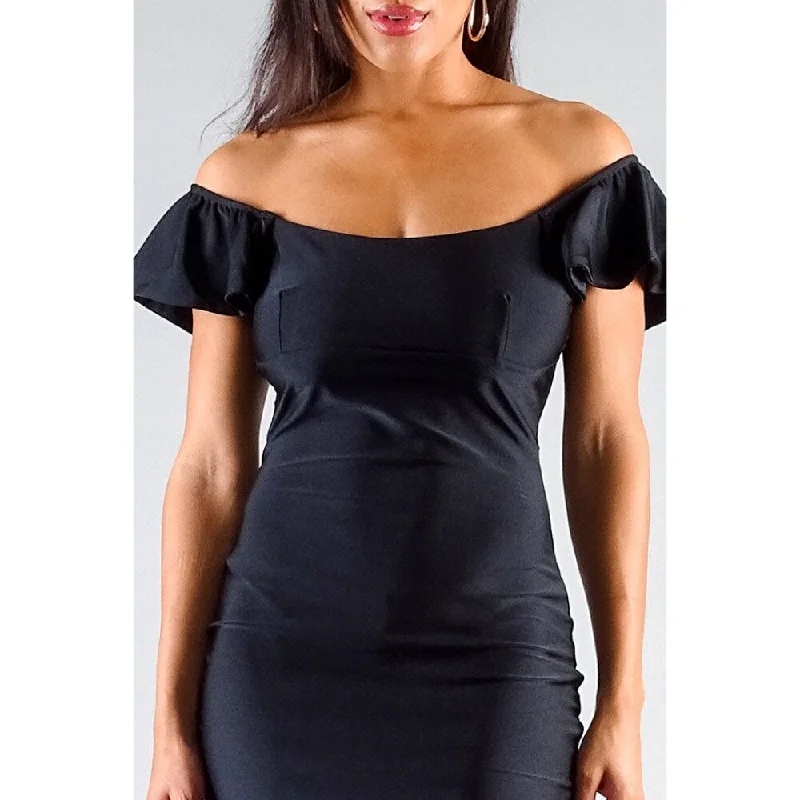 Women's bodycon dress net flair -Convertible Off Shoulder Ruffle Sleeve Bodycon Mini Dress