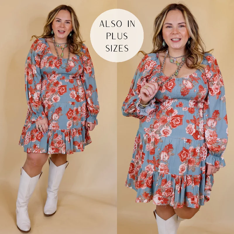 ladies-floral-dress-girls-glow-Day Cafe Smocked Bodice Floral Long Sleeve Dress in Dusty Blue