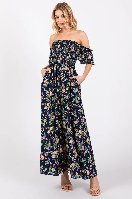 ladies-floral-dress-sunflower-sweep-Navy Blue Floral Off Shoulder Dress