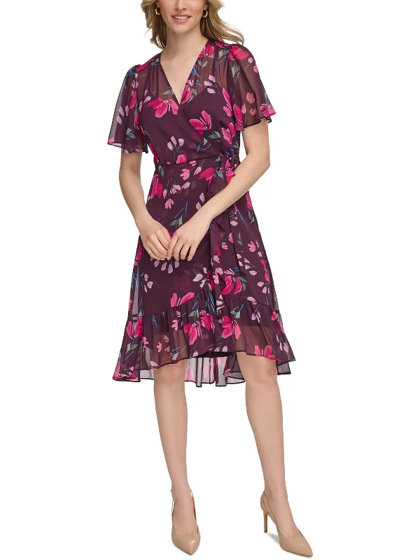 ladies-floral-dress-modern-marigold-Womens Floral Print Hi-Low Wrap Dress