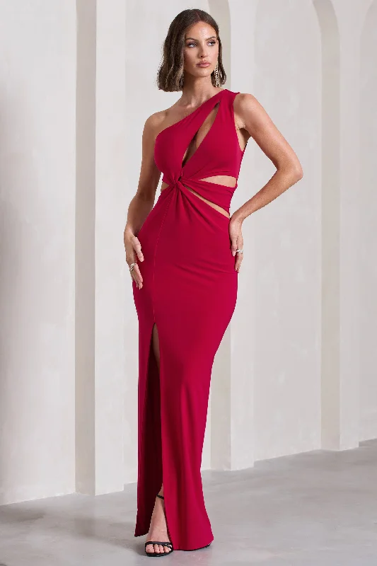 ladies-maxi-dress-mono-muse-Emmy | Red One Shoulder Cut-Out Split Maxi Dress