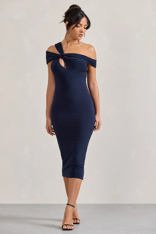 Women's bodycon dress vine flair -Chain Reaction | Navy Strappy Asymmetric Bodycon Midi Dress