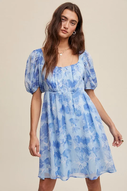 Women's mini dress craft chic -Blue Floral Puff Sleeve Mini Dress