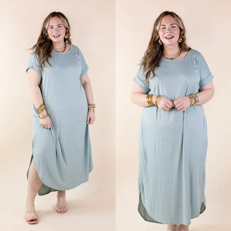 ladies-midi-dress-short-sleeve-breeze-Last Chance Size XL | Chill Looks Short Sleeve Ribbed Midi Dress in Sage Green