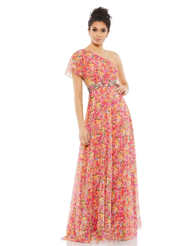 ladies-floral-dress-sale-sweep-Floral Print One Shoulder Butterfly Sleeve A Line Gown