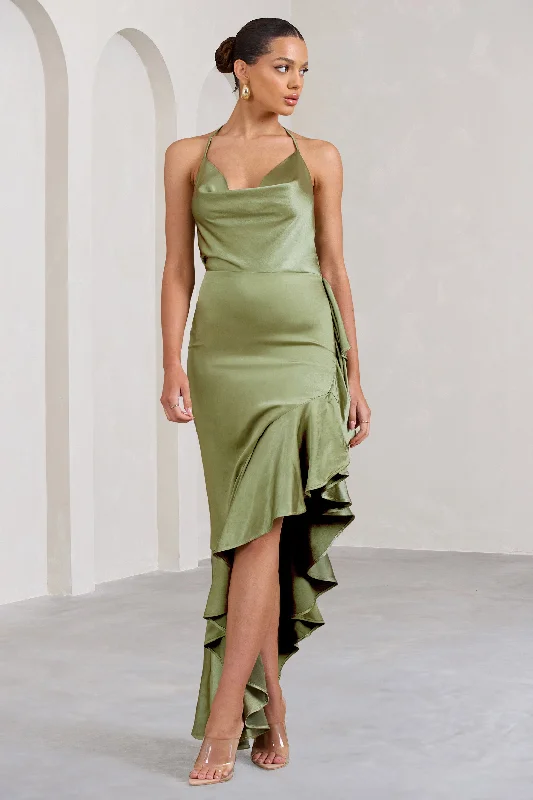 ladies-maxi-dress-sweetheart-silk-Lady Rosselini | Olive Strappy Asymmetric Ruffled Maxi Dress