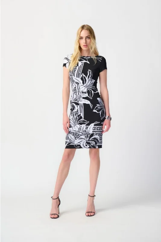 ladies-floral-dress-elastic-essence-Joseph Ribkoff Black/Vanilla Floral Print Two-Tone Sheath Dress 241284