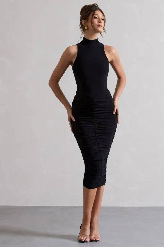 Women's bodycon dress star chic -Sidnie | Black Ruched Bodycon High-Neck Midi Dress