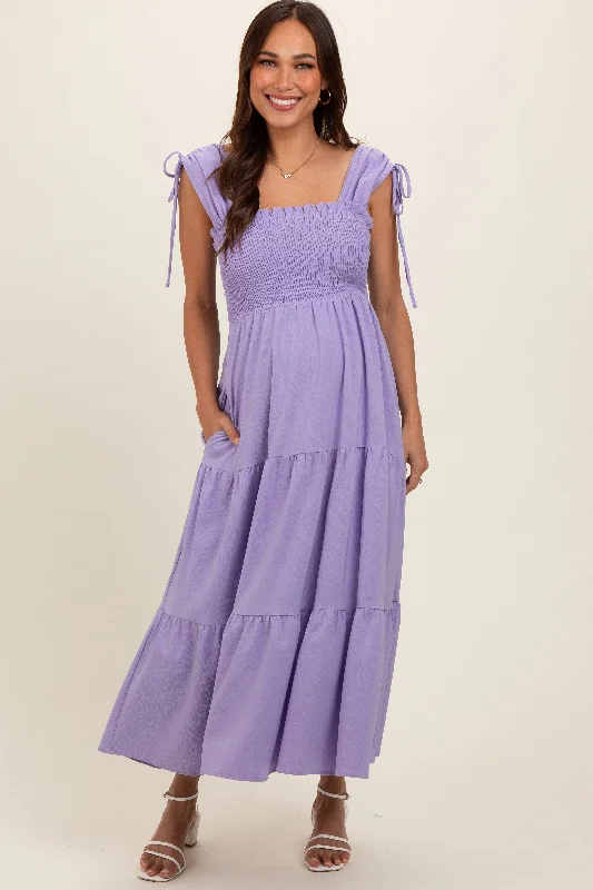 ladies-midi-dress-shift-simplicity-Lavender Smocked Sleeveless Drawstring Shoulder Tiered Maternity Midi Dress