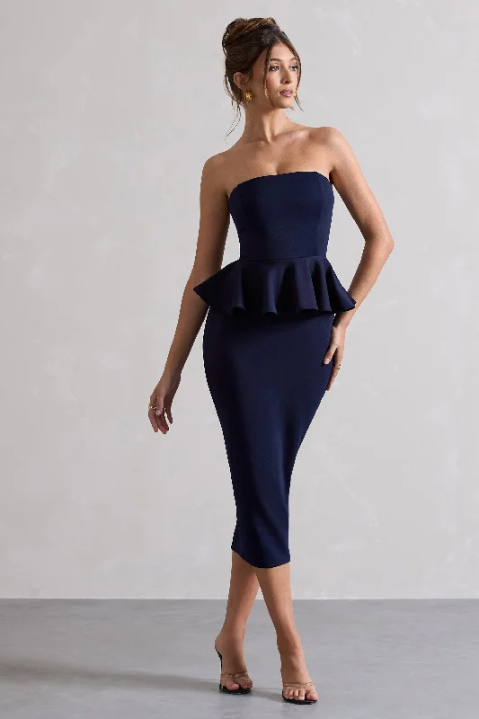 Women's bodycon dress yes pop -Chicago | Navy Bodycon Bandeau Midi Dress With Peplum Detail