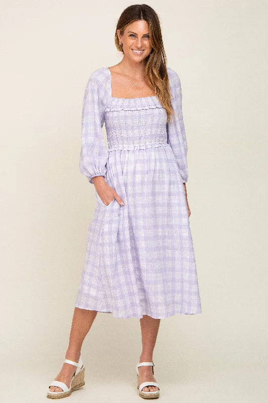 ladies-midi-dress-tassel-tango-Lavender Plaid Smocked Square Neck Lace-Up Back Midi Dress